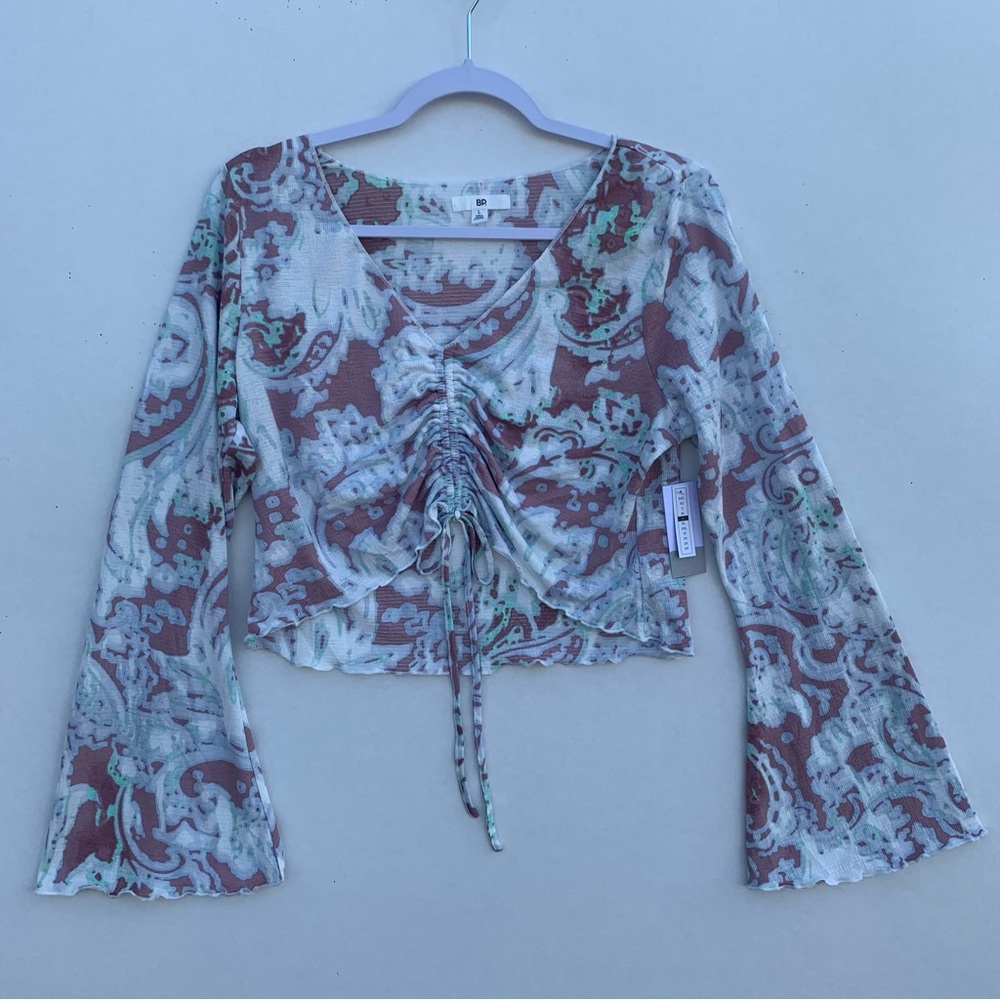 BP Ruched Tie Front Bell Sleeve Blouse  purple Blue | Blurred Paisley Size Large